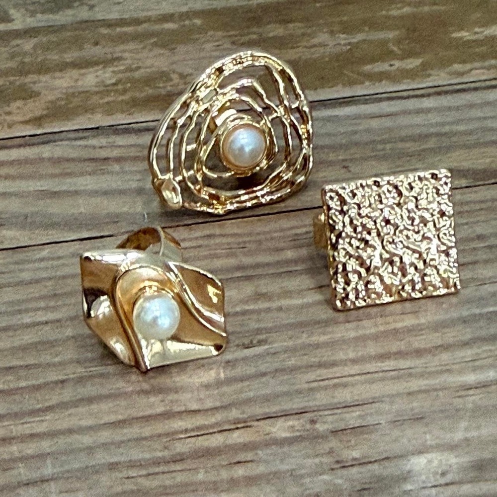 Vintage Gold Tone Faux Pearl Adjustable Rings Set of 3 Textured Statement